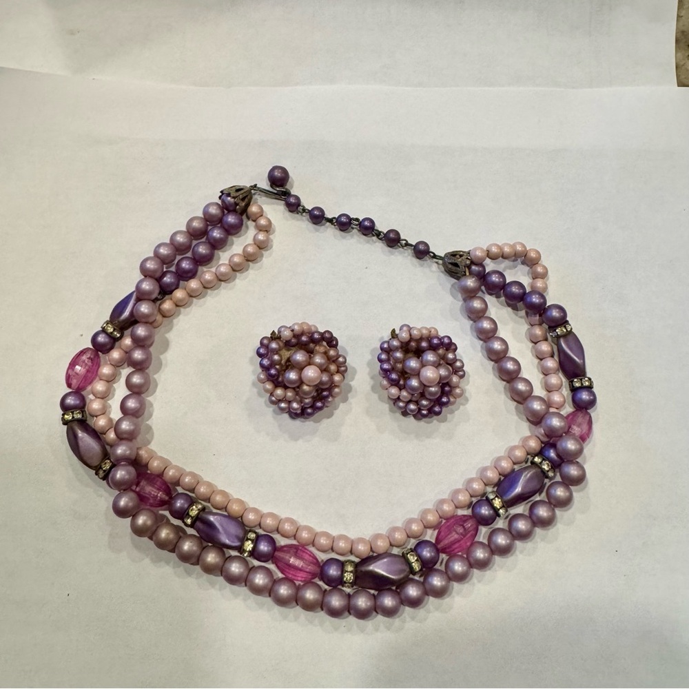 Vintage 1950s Faux Pearl Necklace Choker and Earring Set Purple Retro 50s